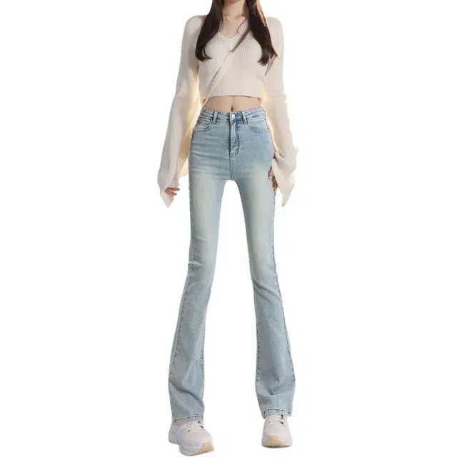 么宁 高腰微喇叭弹力修身显瘦显高拖地裤牛仔裤 女款