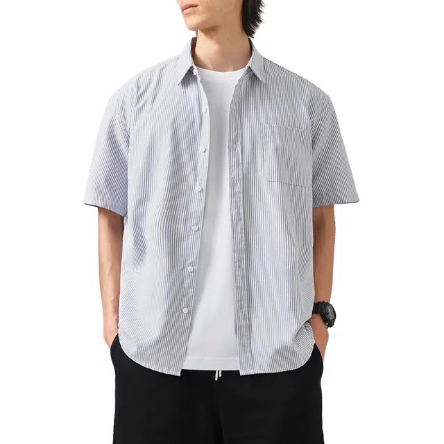 杜克恩 日系休闲宽松条纹短袖衬衫 男款