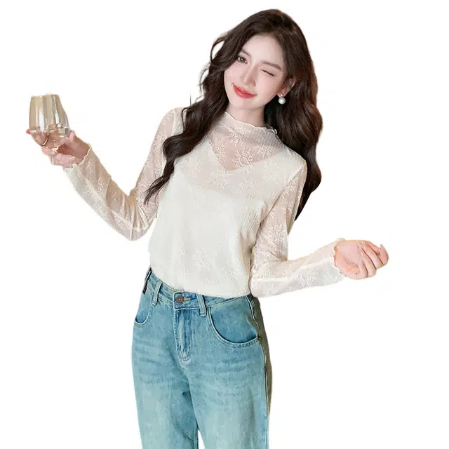水中花 蕾丝植物花卉宽松半高领简约舒适通勤长袖衬衫 女款