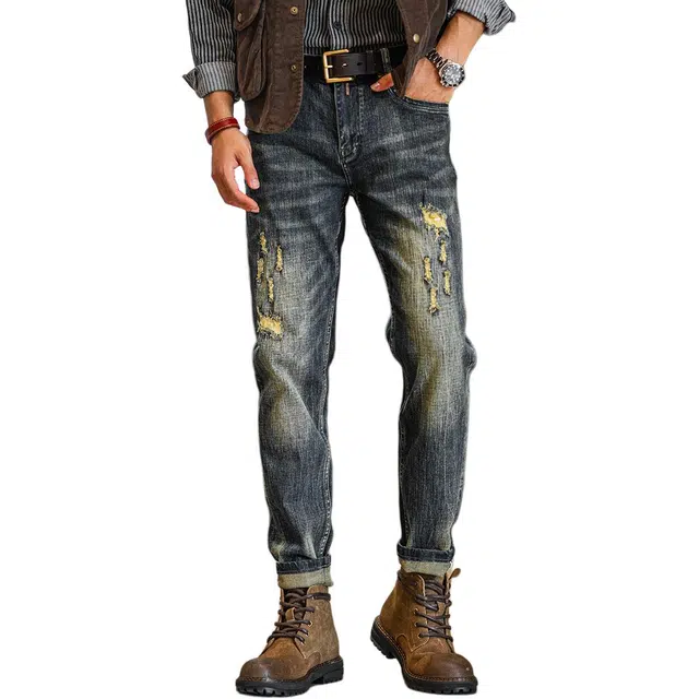 格蓝鹿 美式复古做旧宽松破洞乞丐直筒休闲牛仔裤 男款 蓝色