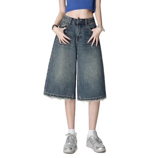 玫丝朵 美式复古毛边宽松高腰阔腿五分牛仔短裤 女款