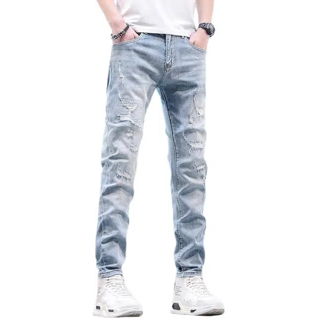 吉肯蒂 薄款浅色破洞潮牌修身小脚裤牛仔裤 男款