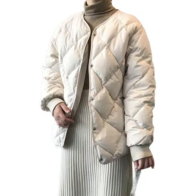 玉儿恋 宽松纯色菱形短款面包羽绒无领棉服 女款