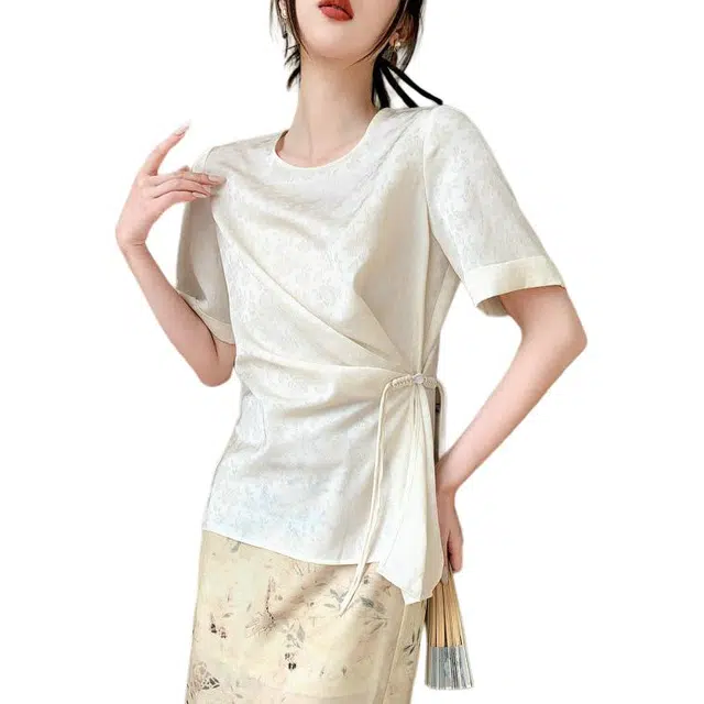 【dme】 纯色修身圆领套头休闲短袖衬衫 女款 米白