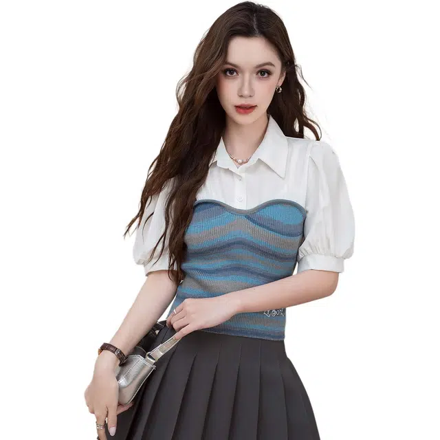 法文箱子 拼接撞色条纹泡泡袖短袖翻领修身衬衫 女款
