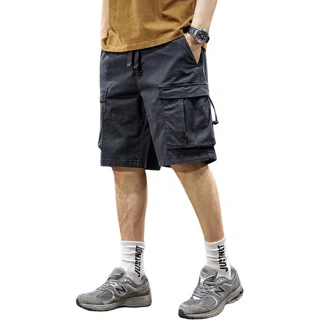 前进牛 美式户外休闲机能宽松直筒潮牌微弹纯色五分工装短裤 男女同款