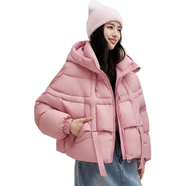 鸭鸭 纯色宽松连帽直筒羽绒服 女款