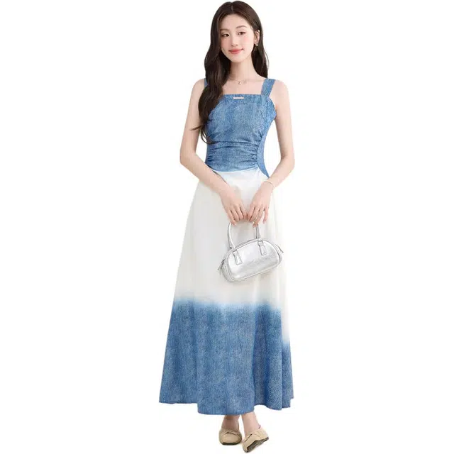 黛尔佳人 复古渐变度假风收腰修身长裙吊带连衣裙 女款