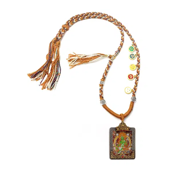 【臻品.文创】 玉临门 诸事皆宜 转运招财 花丝彩绘绿度母唐卡复古宝石画编绳配饰 合金 项链 男女同款情侣款