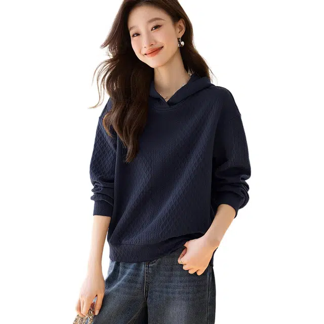 沫晗依美 纯色连帽套头舒适休闲长袖卫衣 女款 藏青色