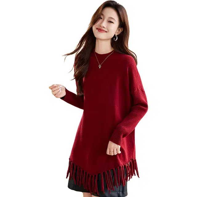 恒源祥 纯色时尚流苏宽松小众设计针织衫 女款