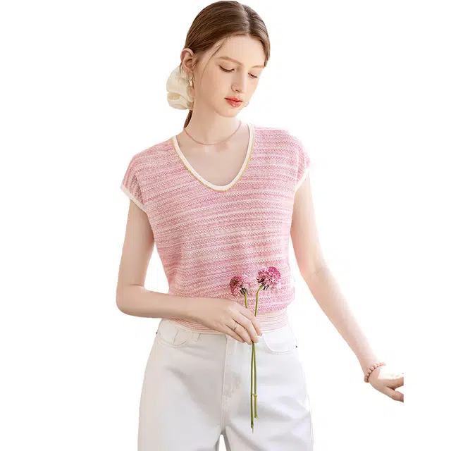 她池 多巴胺甜美圆领无袖针织衫 女款 粉色