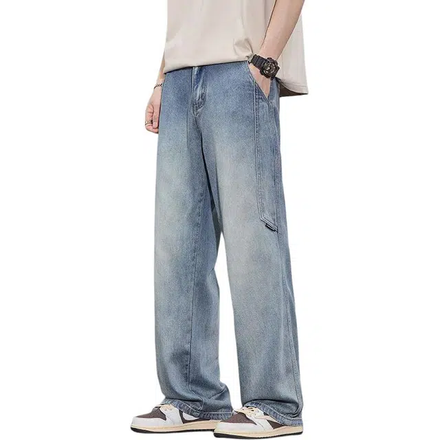 宝米卡 夏季宽松直筒简约休闲长裤潮牌牛仔裤 男女同款