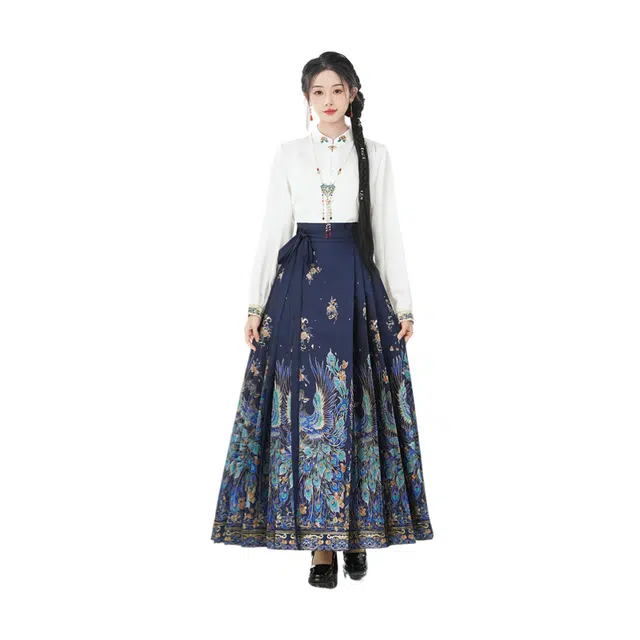 荟萃阁 新中式盘扣立领春夏一片式超大摆妆花织金蓝孔雀马面裙裙装套装 女款