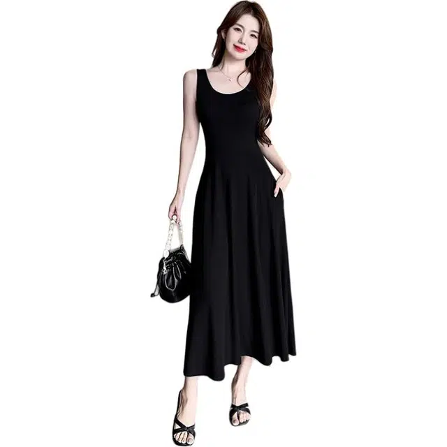 怪力萝莉 赫本风显瘦黑色背心女春夏小黑裙收腰垂感长裙吊带连衣裙 女款