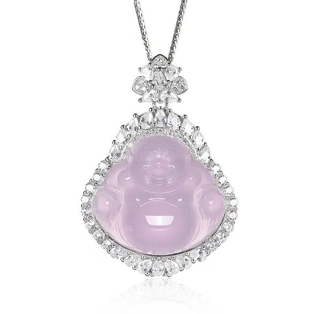 翠雅金楼 新中式国潮豪华满镶 冰透紫粉笑佛 弥勒佛 玉髓 玉石项链 女款