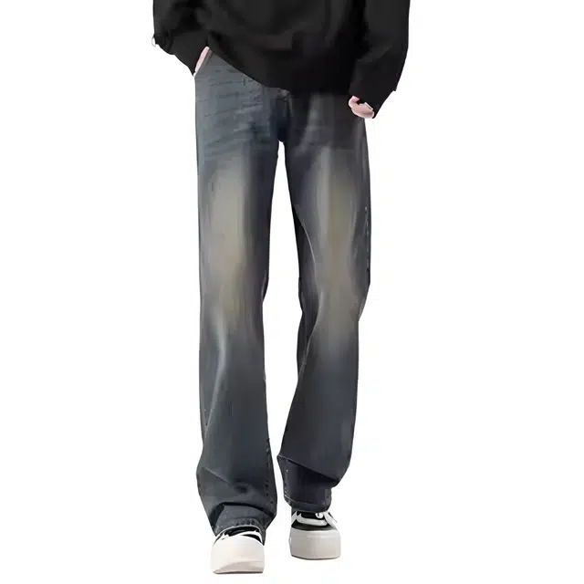 沐诚阳译 美式高街水洗宽松休闲做旧微喇直筒牛仔裤 男款