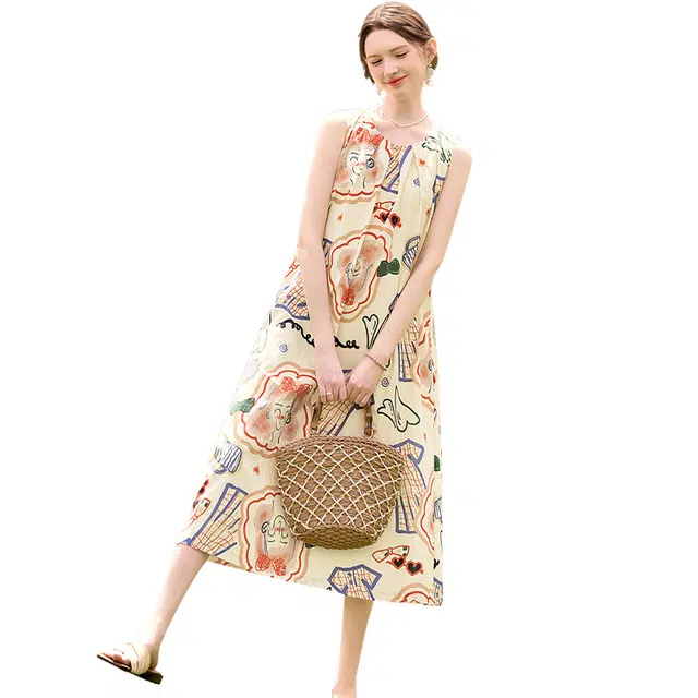 她池 圆领背心裙减龄涂鸦印花无袖连衣裙 女款