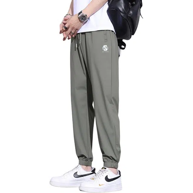 协协乐 冰丝凉感透气薄款美式潮牌通勤宽松百搭裤子速干抽绳束脚九分裤休闲裤 男款