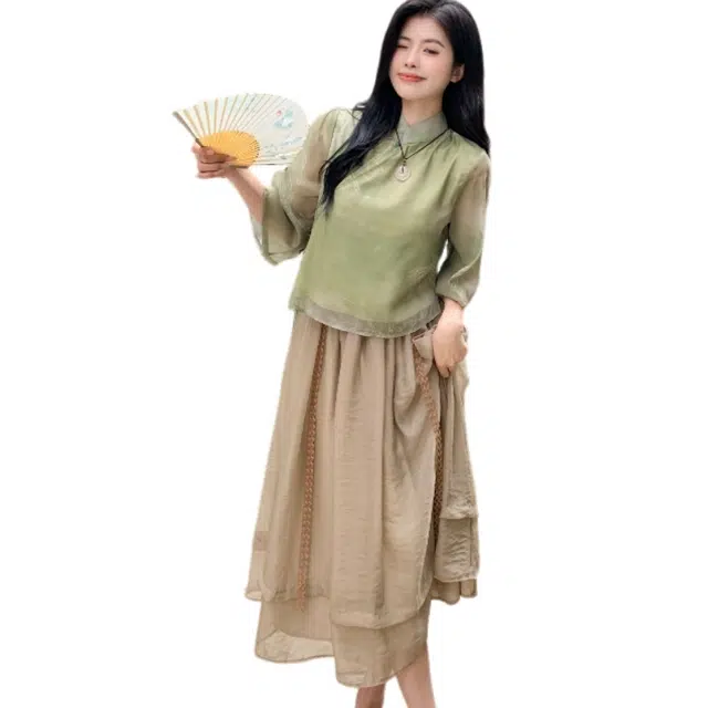 丝絮丝绸 新中式禅意茶服旗袍日常改良汉服文艺国风两件套裙装套装 女款