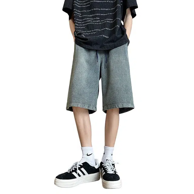 佐菲利 复古宽松五分美式阔腿裤牛仔短裤 男女同款