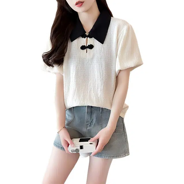 缪斯的诱惑 新中式复古盘扣甜美遮肚显瘦雪纺衫短袖衬衫 女款