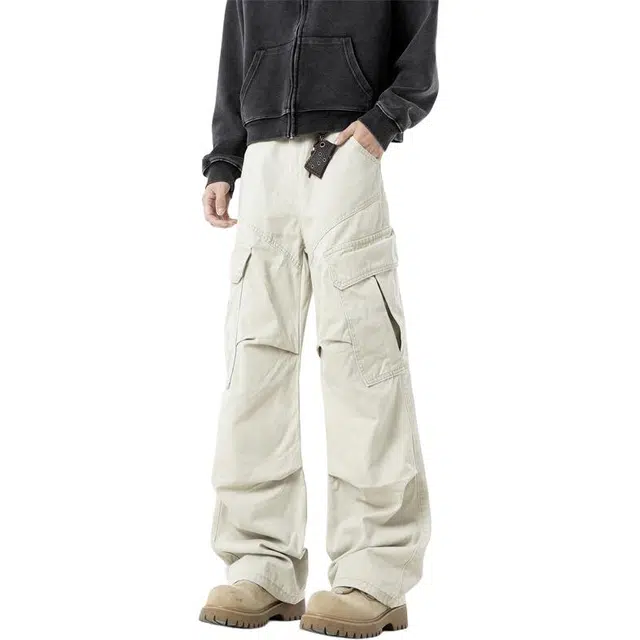 颂希尔 美式复古水洗褶皱高街宽松阔腿休闲裤 男女同款