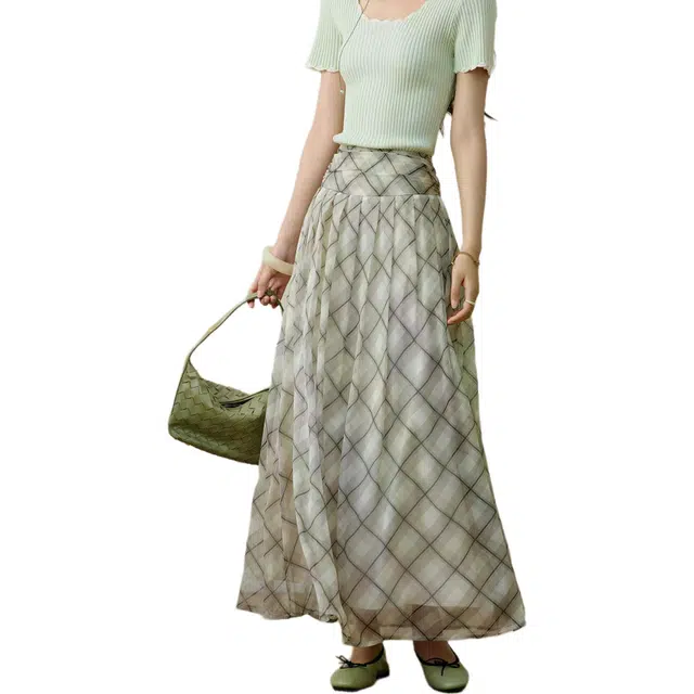 谜秀 复古格纹半身裙夏季格子直筒百搭高腰休闲长裙 女款