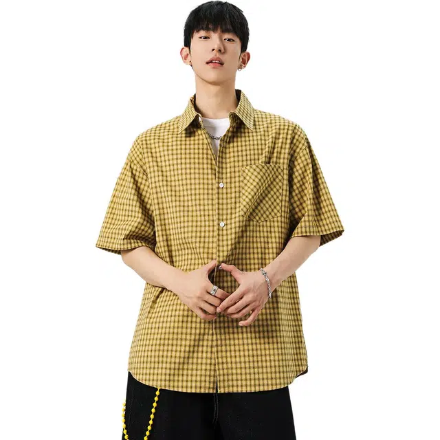 佐菲利 美式复古格子小众翻领潮牌宽松百搭短袖衬衫 男女同款