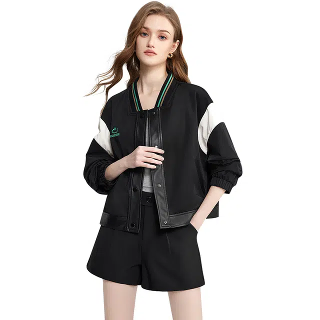 她池 宽松撞色拼接棒球领短款上衣休闲风外套 女款 黑色
