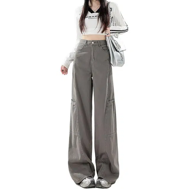 么宁 美式阔腿复古高腰直筒牛仔裤子工装裤 女款