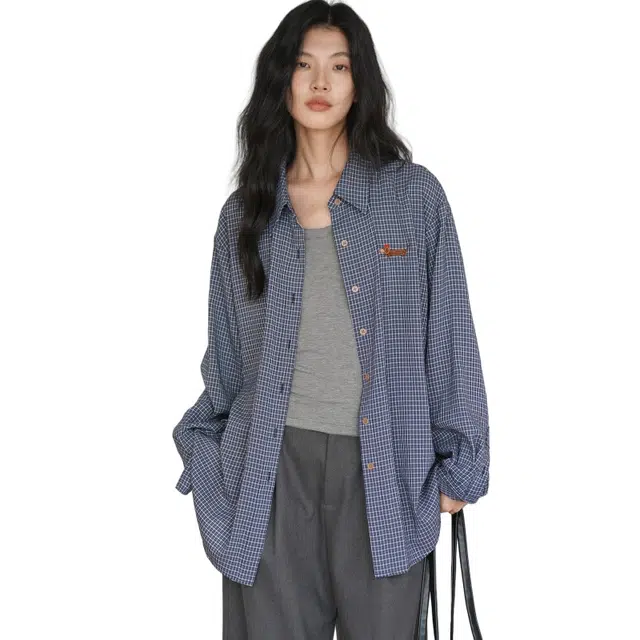 欧阳喜 港风百搭韩系休闲长袖衬衫 女款 靛蓝格