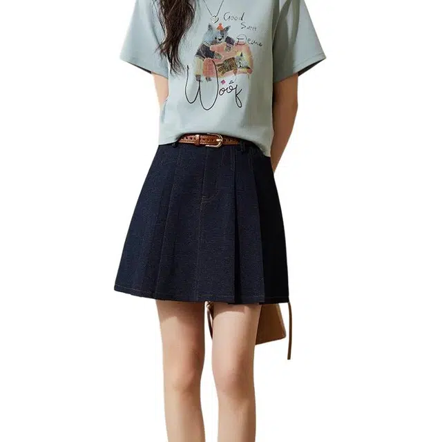 谜秀 纯色牛仔压褶高腰短款高腰显瘦百褶裙防走光内衬休闲短裙 女款 蓝色