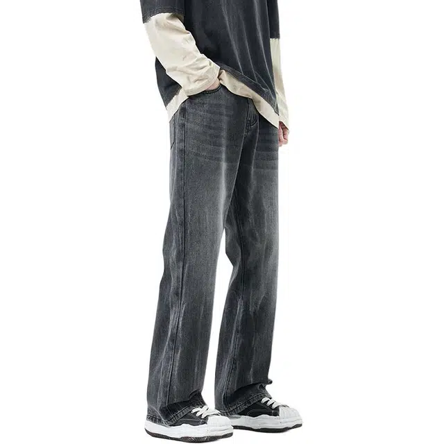 协协乐 薄款微喇弯刀美式复古高街水洗做旧废土风设计中腰直筒通勤坠感牛仔裤 男款