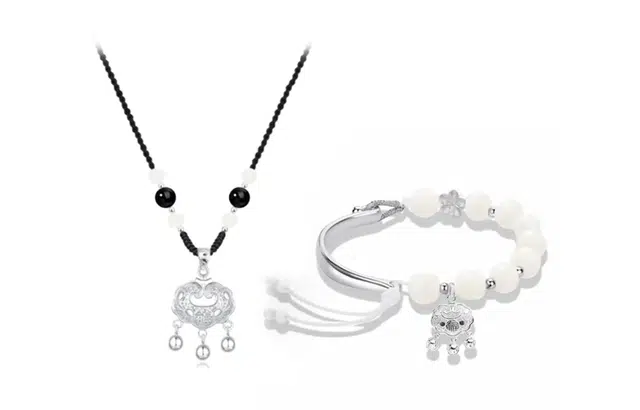 尚银福 平安长命锁系列 国潮新中式时尚复古轻奢高级感 森系小清新平安锁串珠编绳手绳套装 菩提子/菩提籽 项链 男女同款情侣款