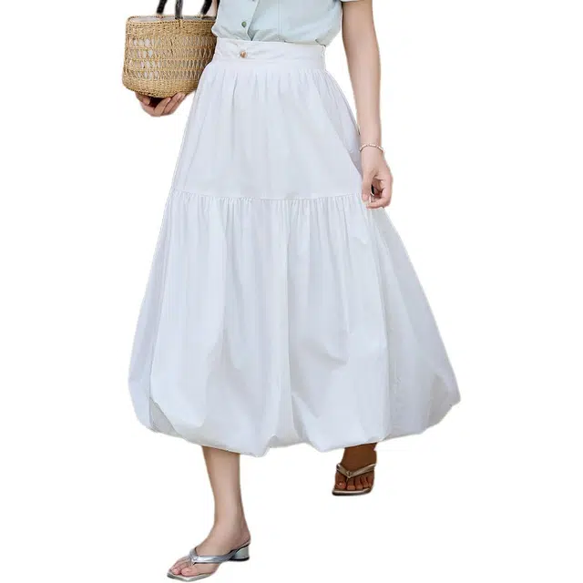 谜秀 白色双层腰头纯色直筒百搭高腰休闲长裙 女款