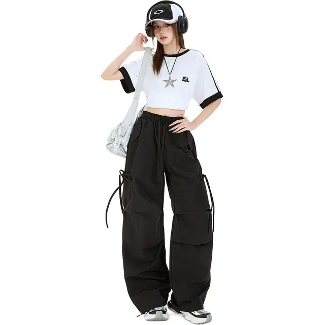 玫丝朵 美式蝴蝶结绑带设计时尚百搭宽松阔腿工装休闲裤 女款