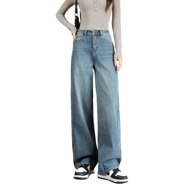 法文箱子 百搭休闲显瘦纯色宽松高腰长裤牛仔裤 女款