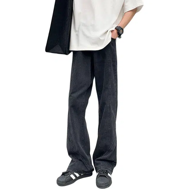 宝米卡 美式复古水洗做旧直筒宽松微喇弯刀设计感长裤子牛仔裤 男女同款