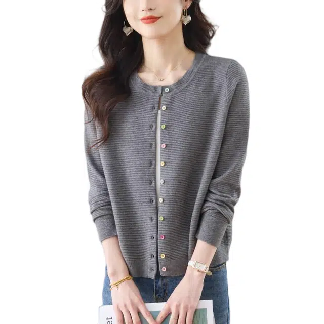 曲韩 短款宽松圆领针织衫开衫女针织衫 女款