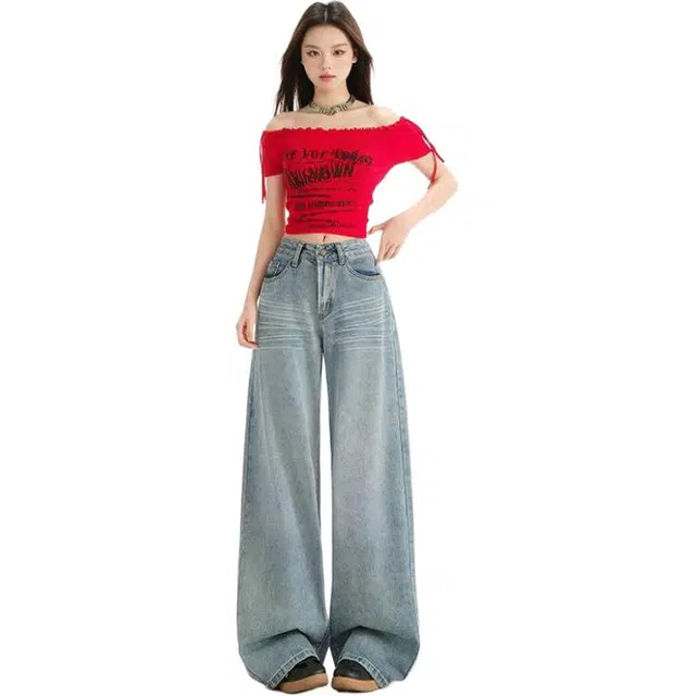 水中花 美式复古高腰阔腿裤女春夏宽松显瘦垂感水洗直筒拖地裤字通勤时尚牛仔裤 女款