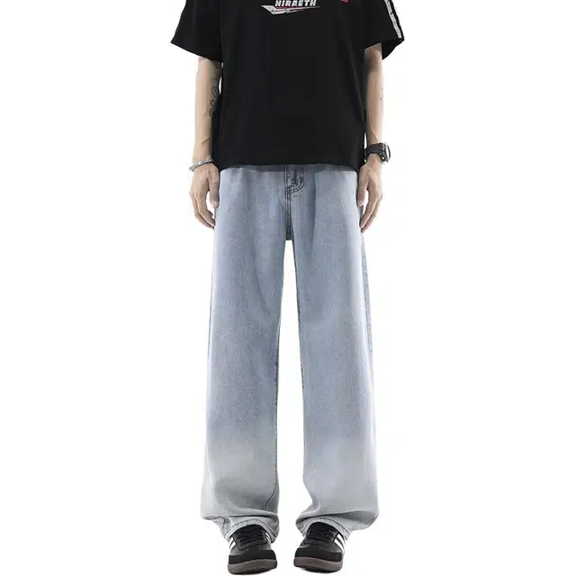沃马 美式高街宽松渐变弯刀水洗做旧废土流行简约牛仔裤 男女同款