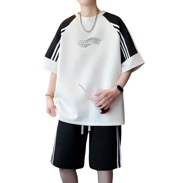 北极绒 美式潮牌纹理提花短袖百搭时尚简约短裤休闲运动套装 男款