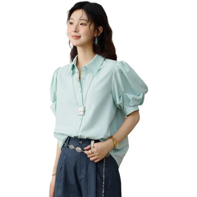 谜秀 绿色泡泡袖翻领纯色短袖法式衬衫 女款