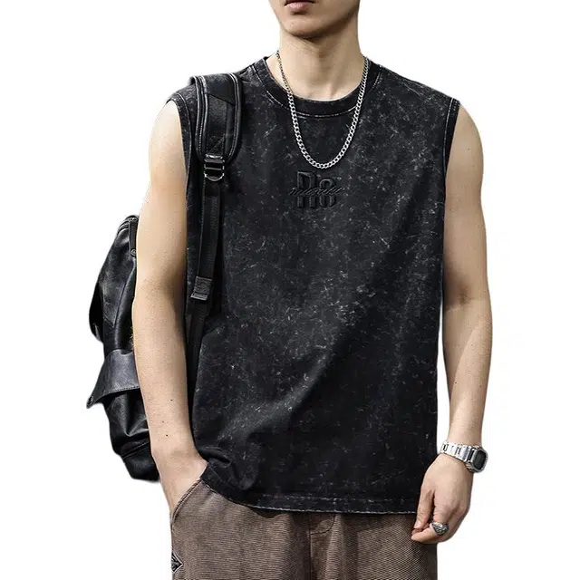 前进牛 美式潮牌雪花水洗印花运动痞帅高街宽松纯棉重磅无袖背心 男女同款