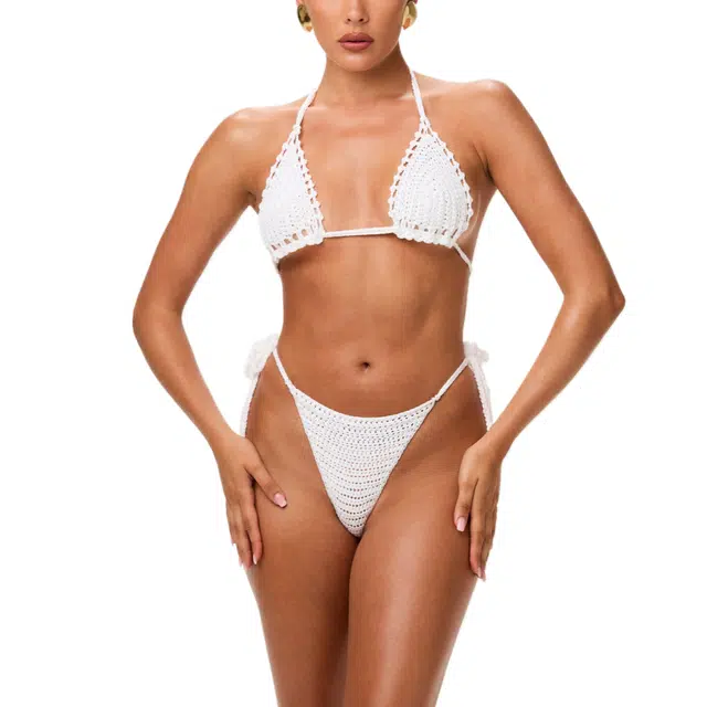 NAKED WARDROBE Crochet Triangle Halter Tie Bikini Swim