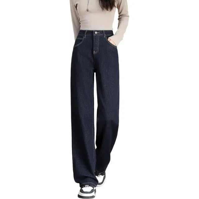 法文箱子 春季百搭通勤纯色宽松高腰长裤牛仔裤 女款