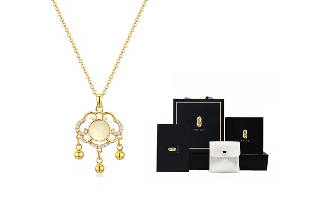 吉珂 同心锁如意锁项链女 猫眼石祥云铃铛锁气质百搭平安锁吊坠小众设计感如意平安锁骨链时尚颈链女款 学生