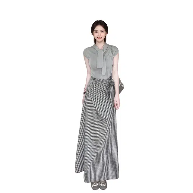 水中花 韩系时尚减龄蝴蝶结领针织上衣修身百搭气质优雅裙装套装 女款