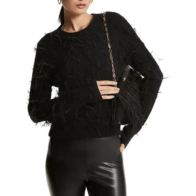 MICHAEL KORS SS23 Feather Embellished Merino Wool Blend Cropped Sweater